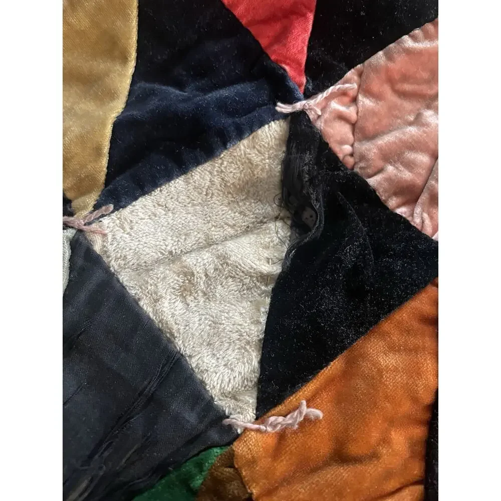 Vintage 70s Velvet Patchwork Hippie Boho Quilt Bedspread Blanket Full Sz 86”x82”